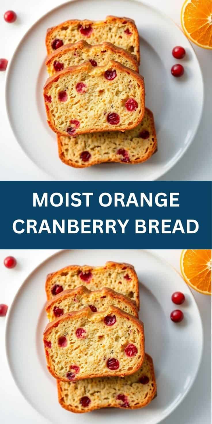 Sliced moist orange cranberry bread on white plate with fresh cranberries and orange slice garnish.