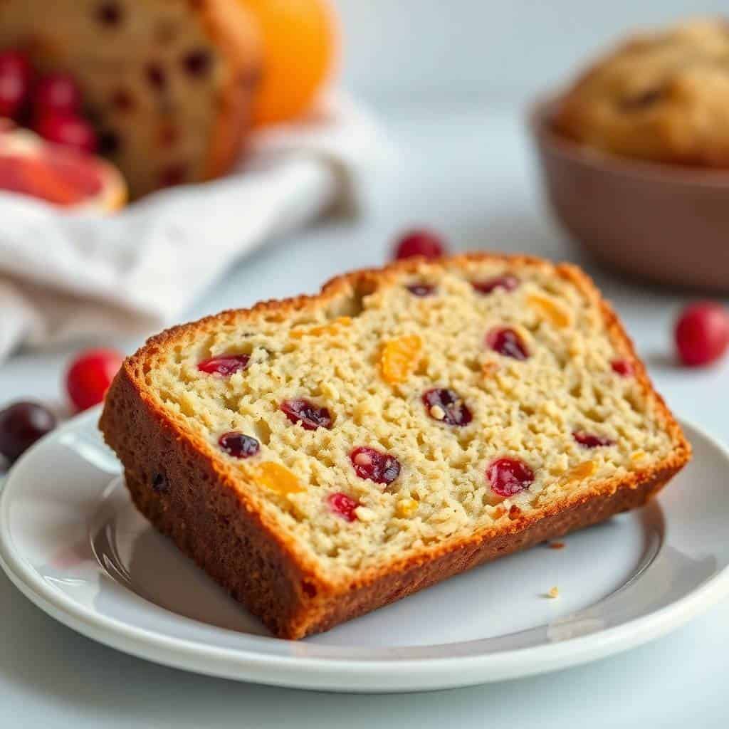 Sliced orange cranberry bread on white plate with fresh berries scattered around.