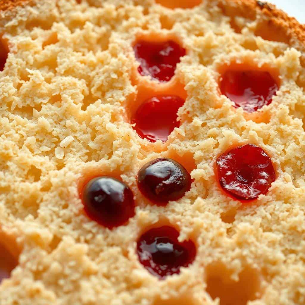 Close-up of moist orange cranberry bread with red jam pockets and dark berries embedded in golden crumb.
