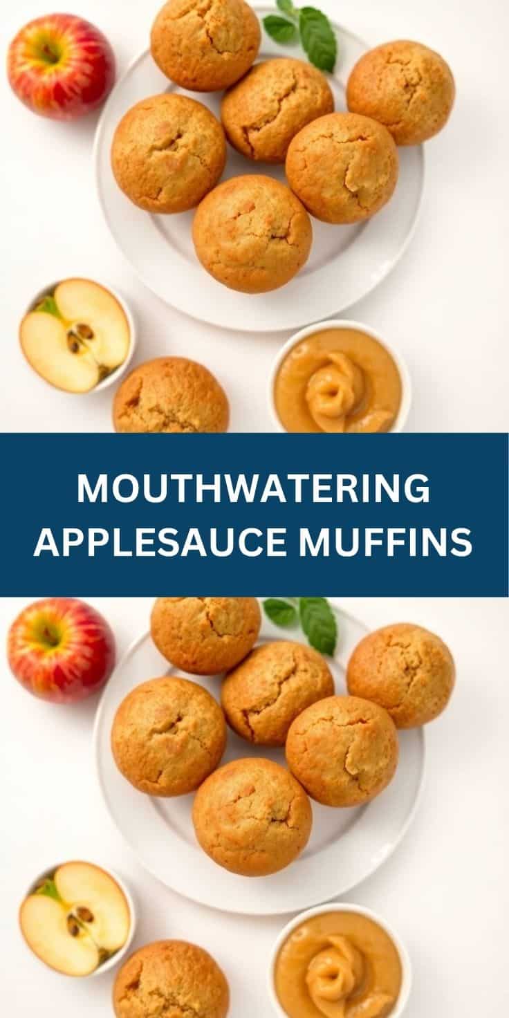 Golden applesauce muffins arranged on white plate with apple slices and peanut butter.