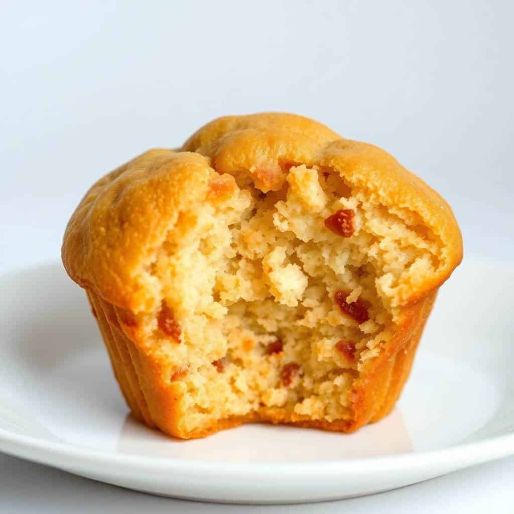Halved applesauce muffin with cranberries on white plate, golden-brown exterior and crumbly interior visible.