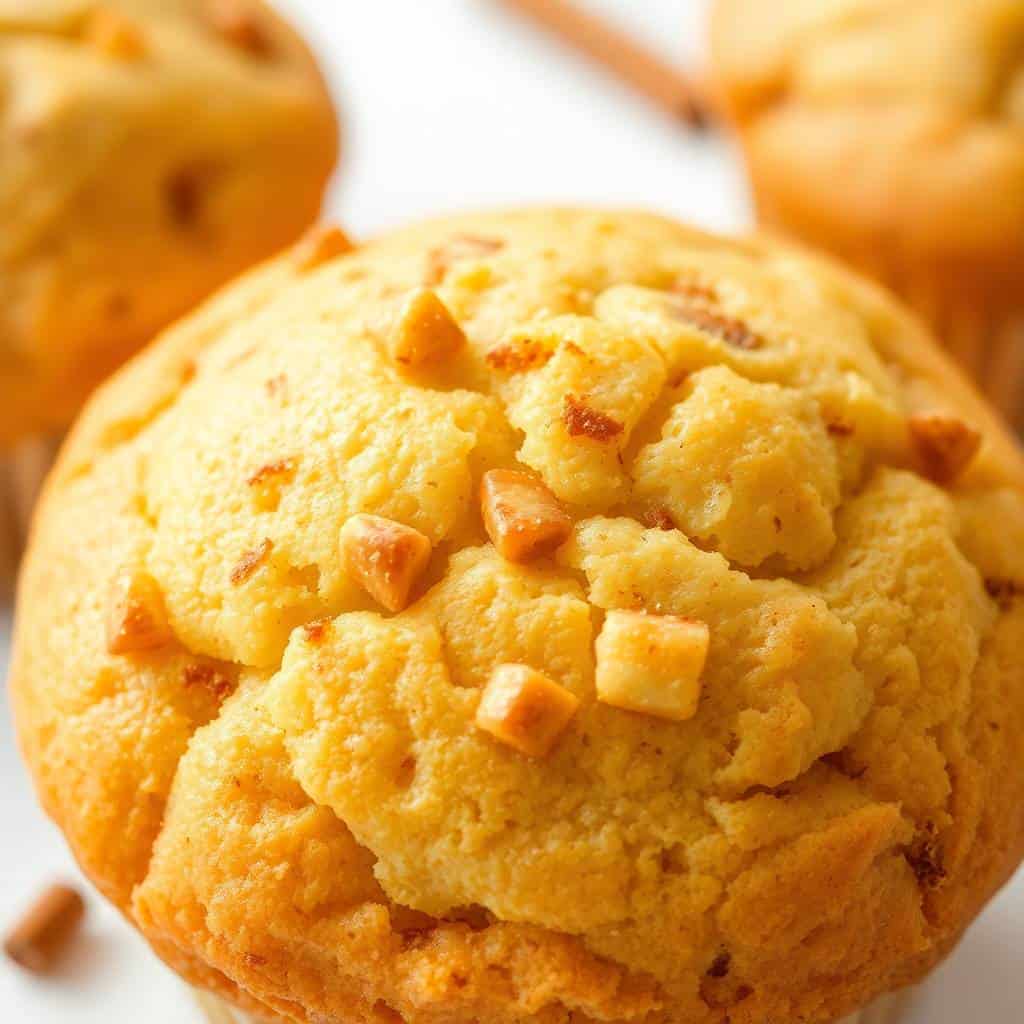 Golden applesauce muffins with cinnamon sugar topping on white surface.