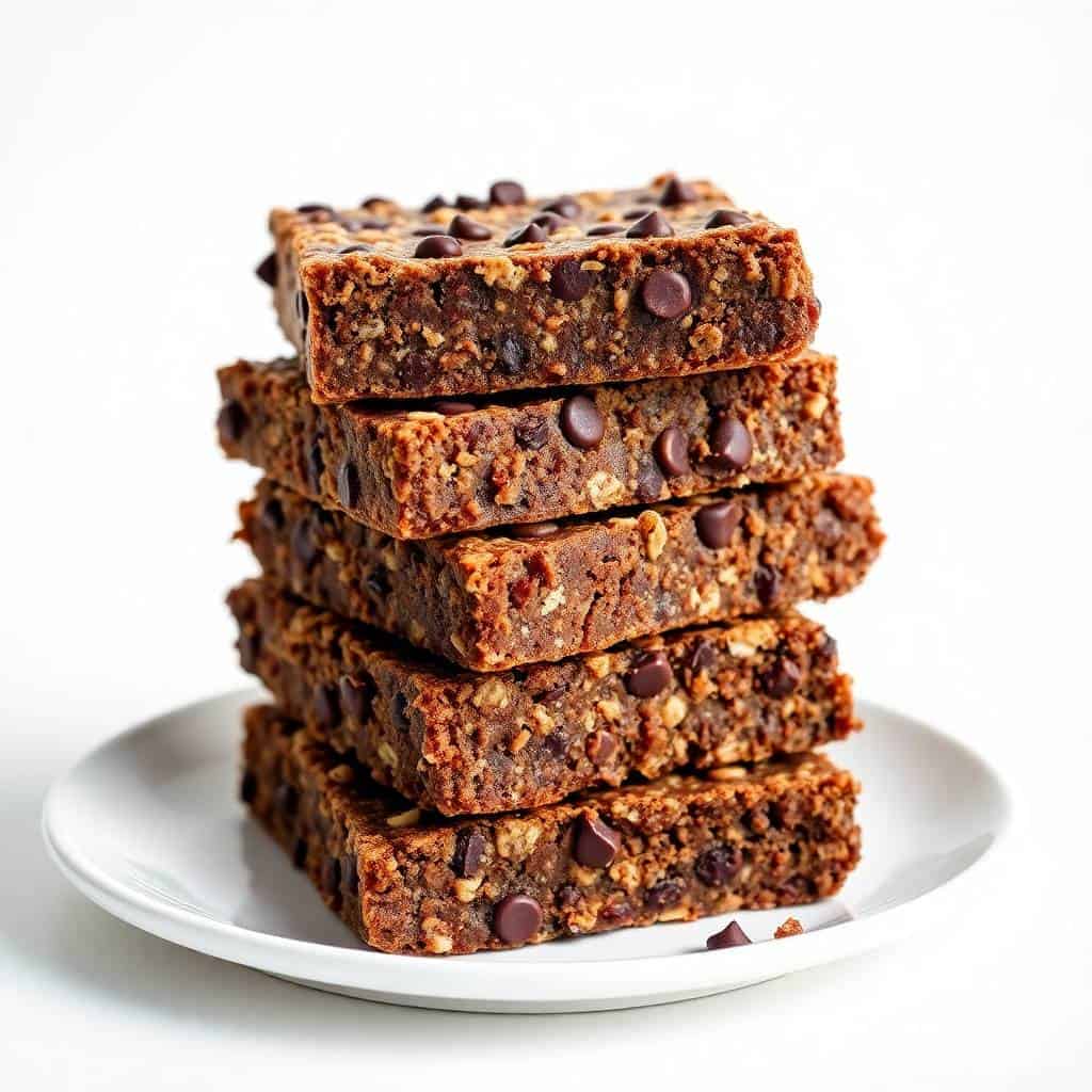 Stack of five no-bake chocolate oat bars with chocolate chips on white plate.