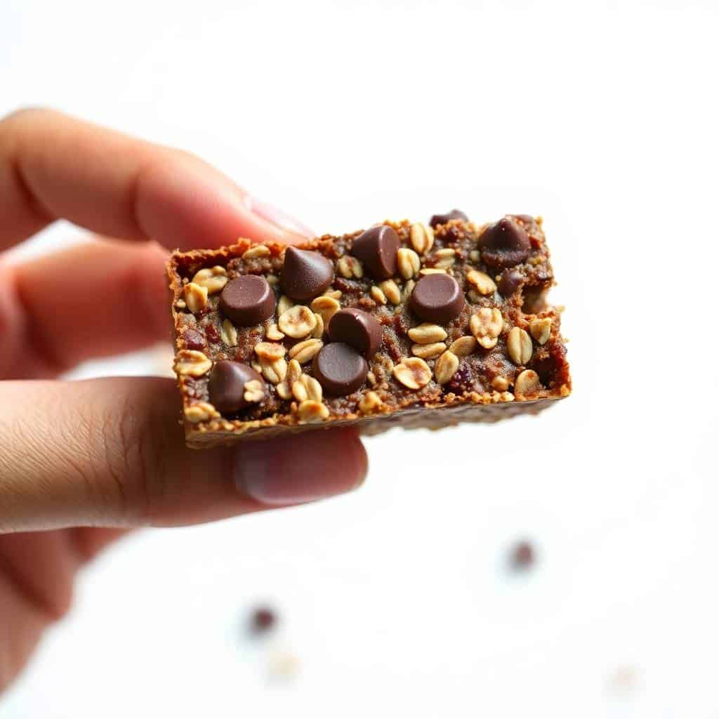 Hand holding a no-bake chocolate oat bar topped with chocolate chips and peanuts.
