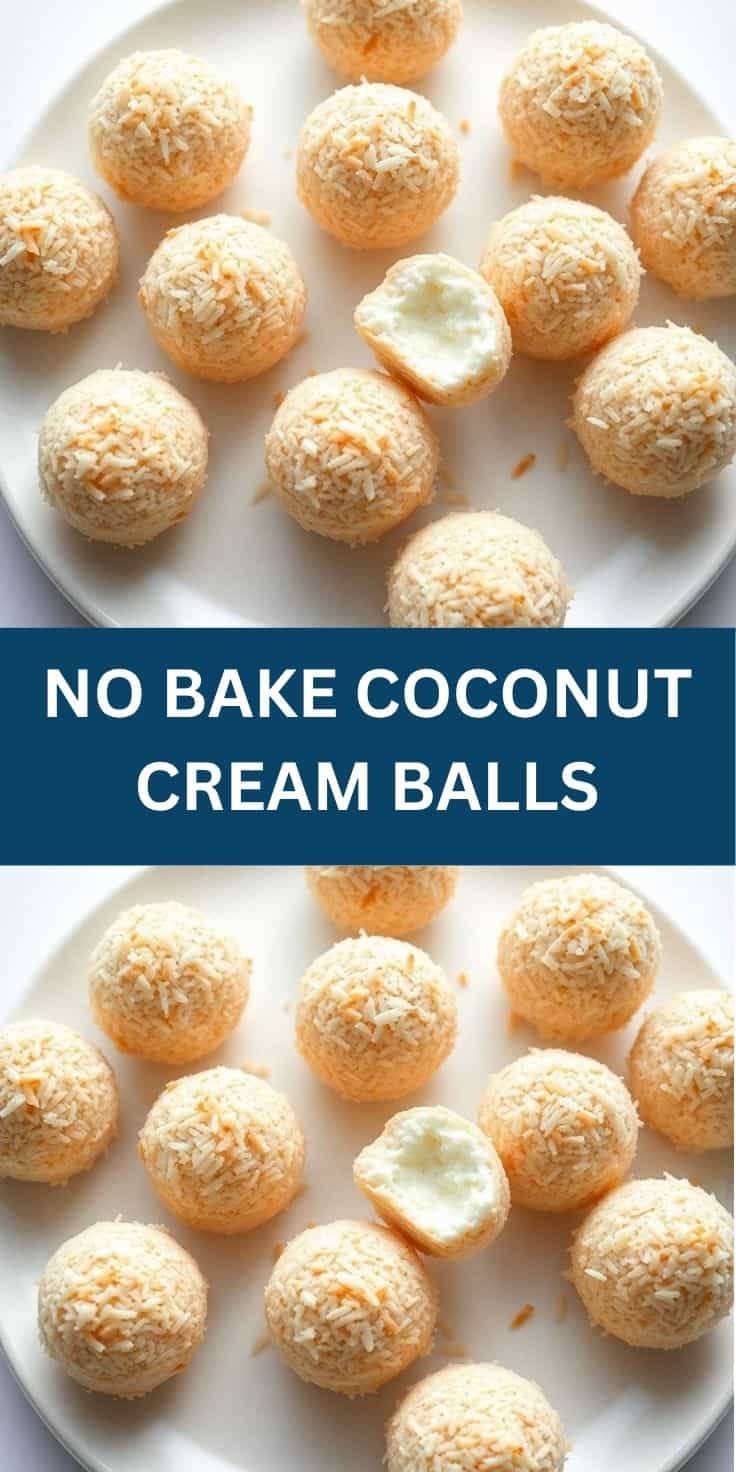 No bake coconut cream balls coated in shredded coconut on white plate, one cut in half.