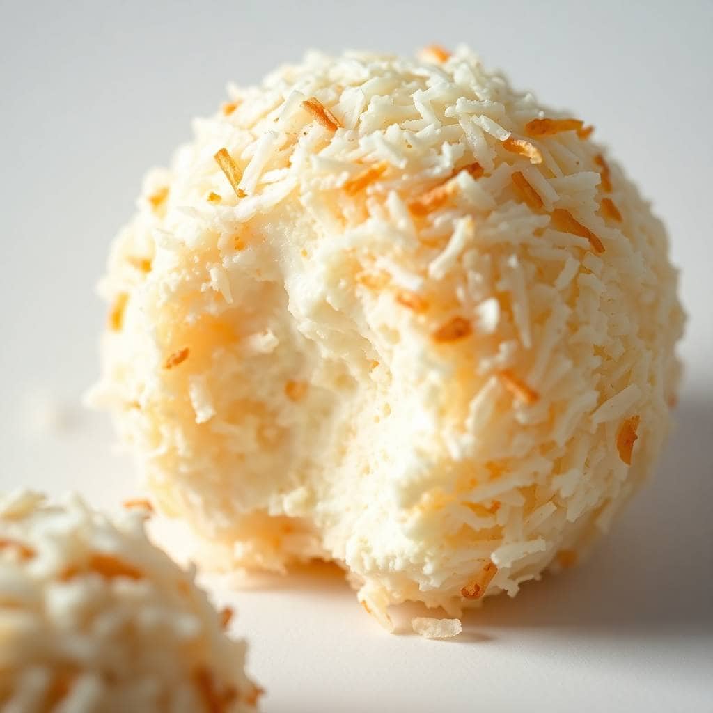 Golden-brown no bake coconut cream balls with toasted coconut flakes coating on white surface.