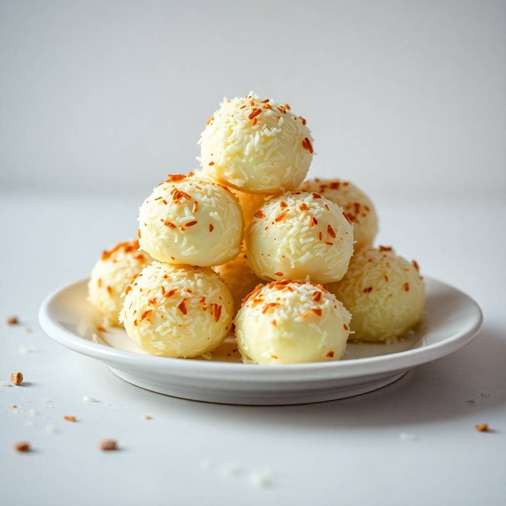 No-bake coconut cream balls stacked on white plate with toasted coconut garnish.