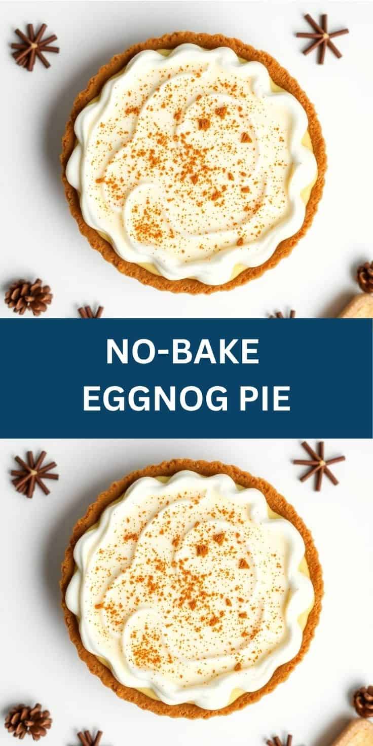 No-bake eggnog pie with graham cracker crust, whipped cream filling, and cinnamon garnish.