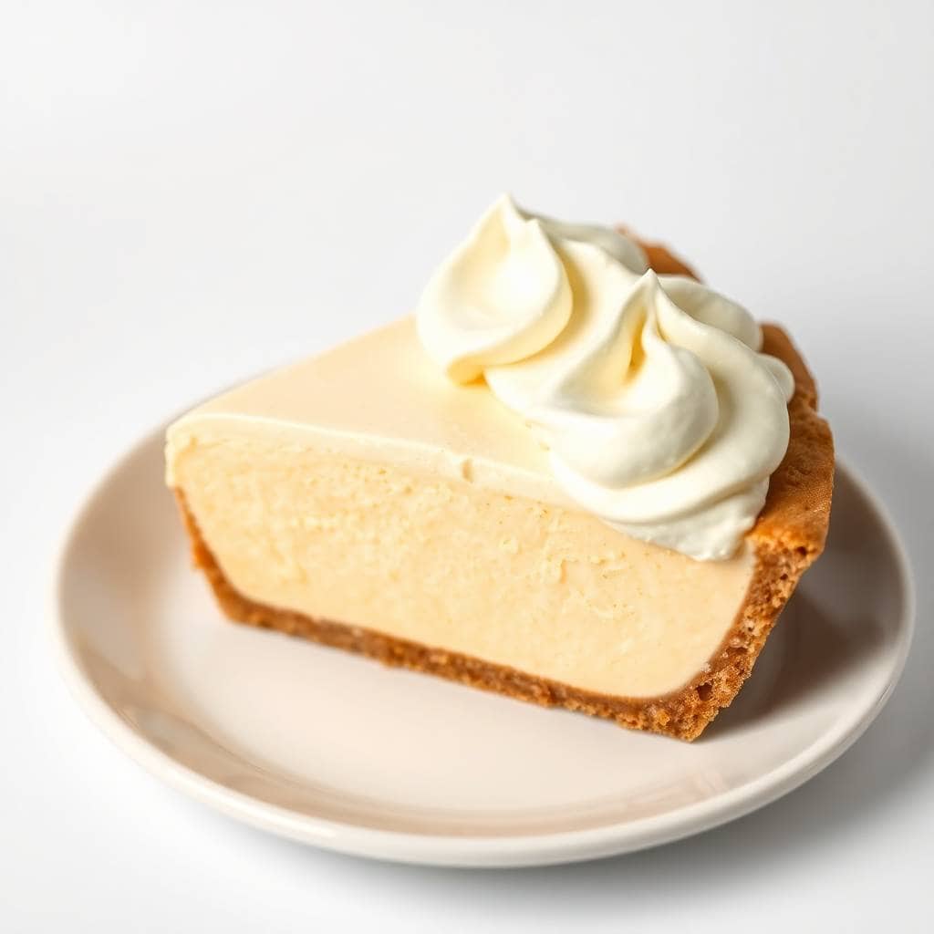 Slice of no-bake eggnog pie with graham cracker crust, creamy filling, and whipped cream topping on white plate.