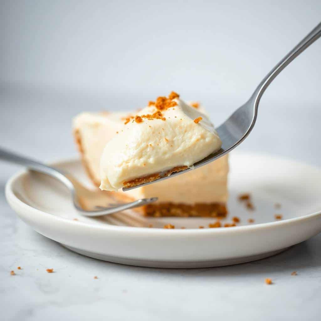 Fork lifting a slice of no-bake eggnog pie with cream topping and graham cracker crust on white plate.