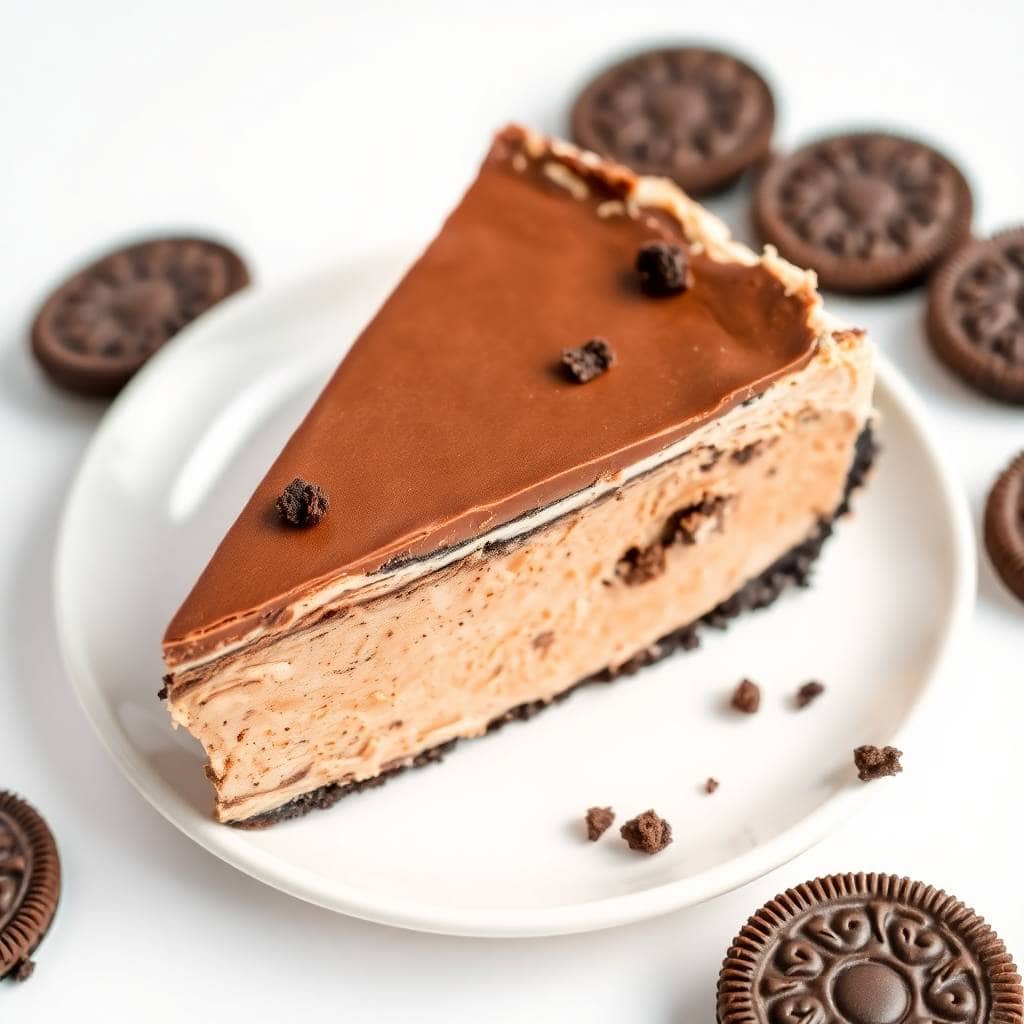 No-bake Oreo mud pie slice on white plate with cookie crumbles and Oreos surrounding.