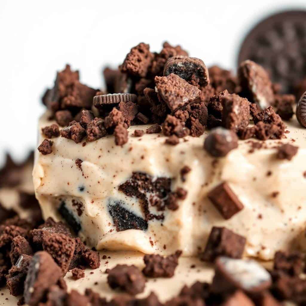 No-bake Oreo mud pie with crushed cookie crumbles topping creamy filling and dark chocolate chunks.