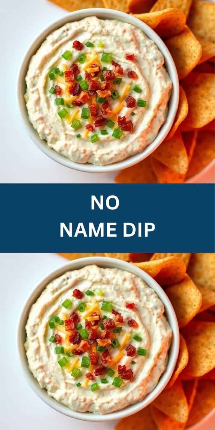 Creamy dip topped with bacon bits, cheddar cheese, and green onions, served with tortilla chips.