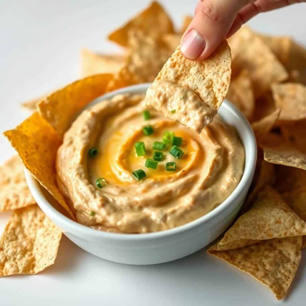 Hand dipping whole wheat cracker into creamy hummus dip garnished with green onions and olive oil swirl.