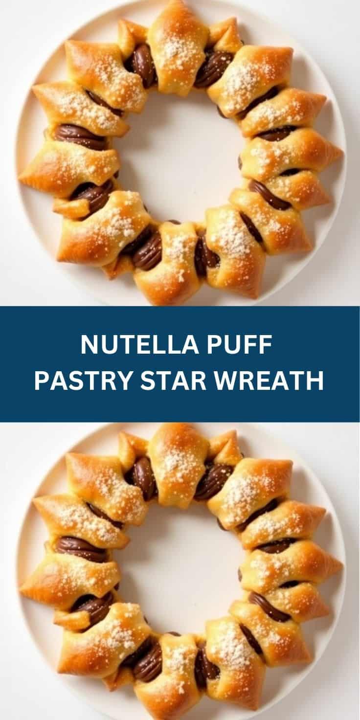 Nutella puff pastry star wreath arranged in circle on white plate, dusted with powdered sugar.