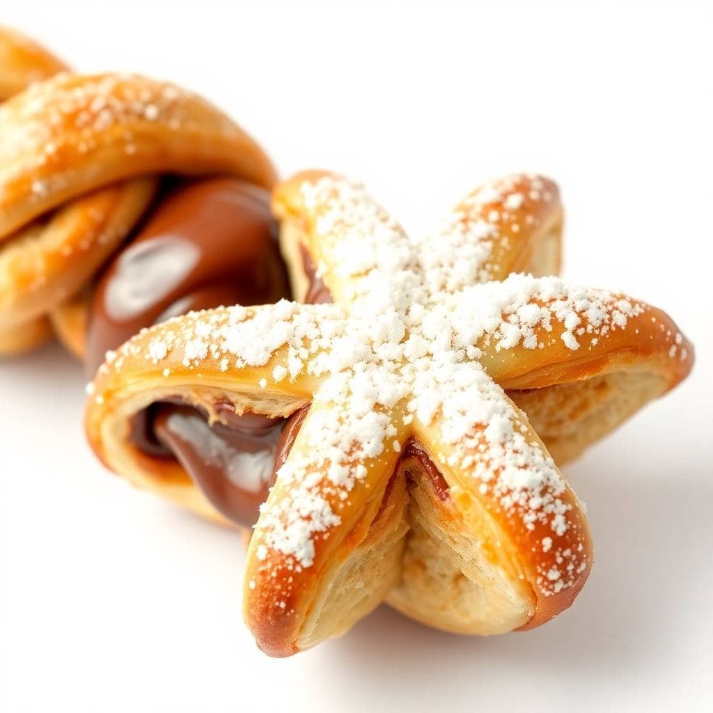 Golden puff pastry star-shaped pastries dusted with powdered sugar, filled with chocolate Nutella.