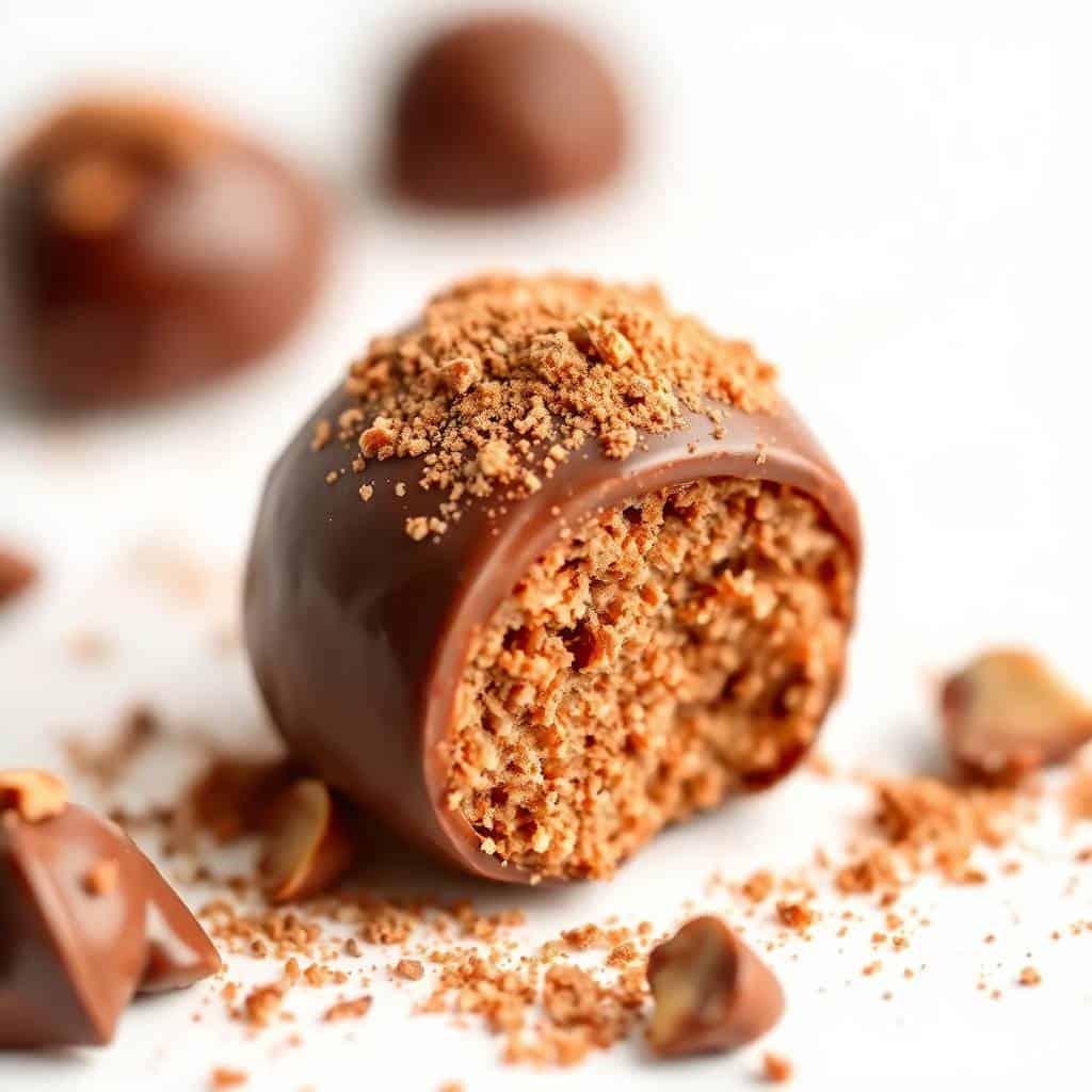 Nutella truffles with chocolate coating and cocoa powder dusting, one cut in half to show interior.