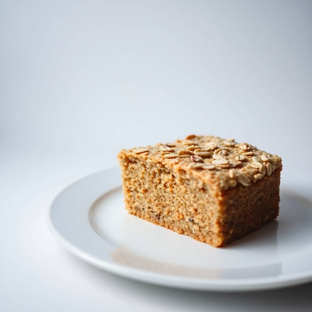 Slice of old fashioned oatmeal cake with oat topping on white plate against light background.
