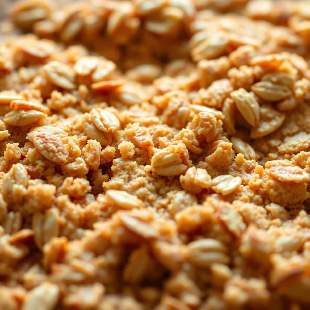 Close-up of old fashioned oatmeal cake showing golden-brown oats and crumbly texture throughout.