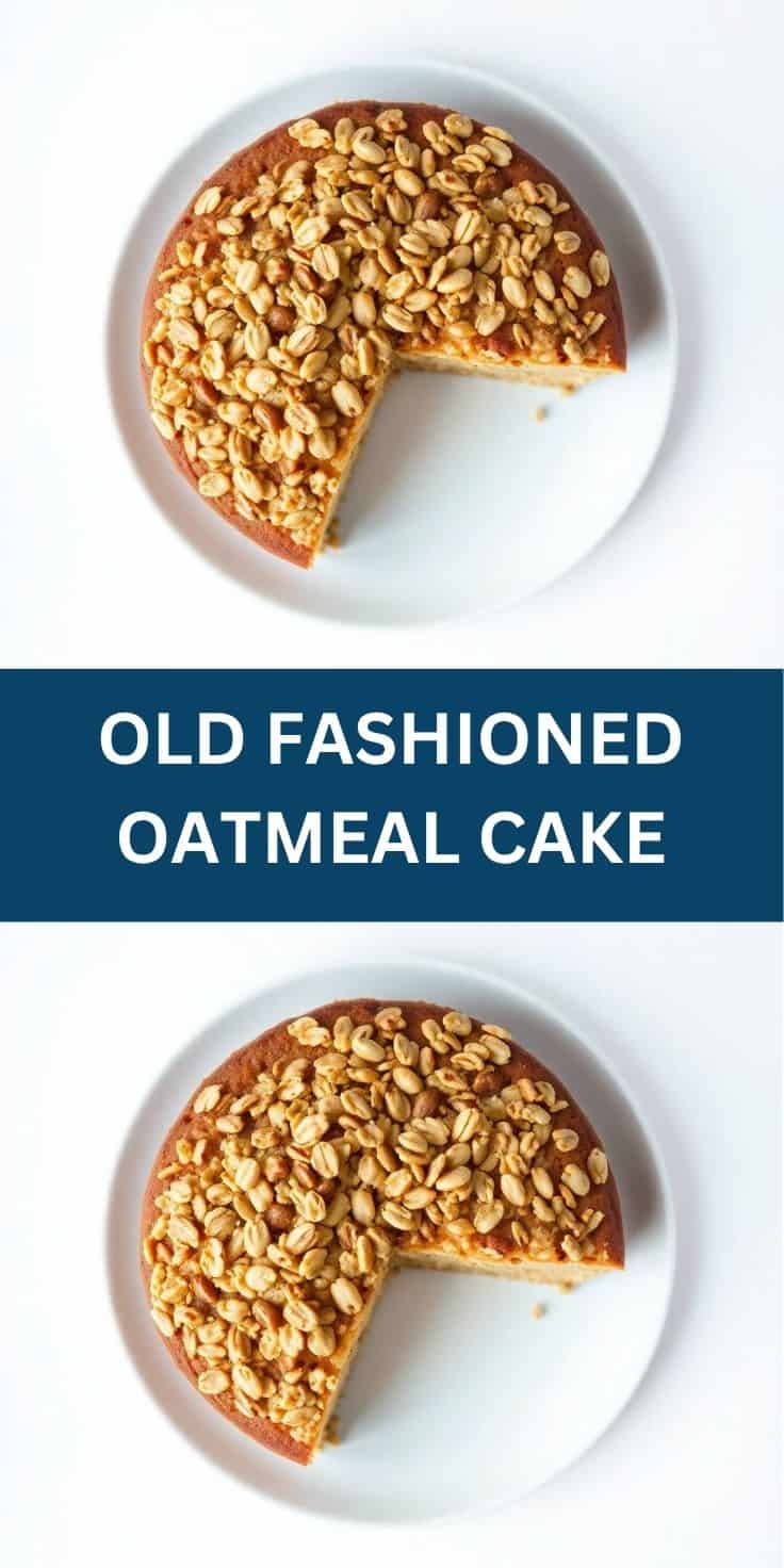 Old fashioned oatmeal cake with oat topping on white plate, one slice removed.