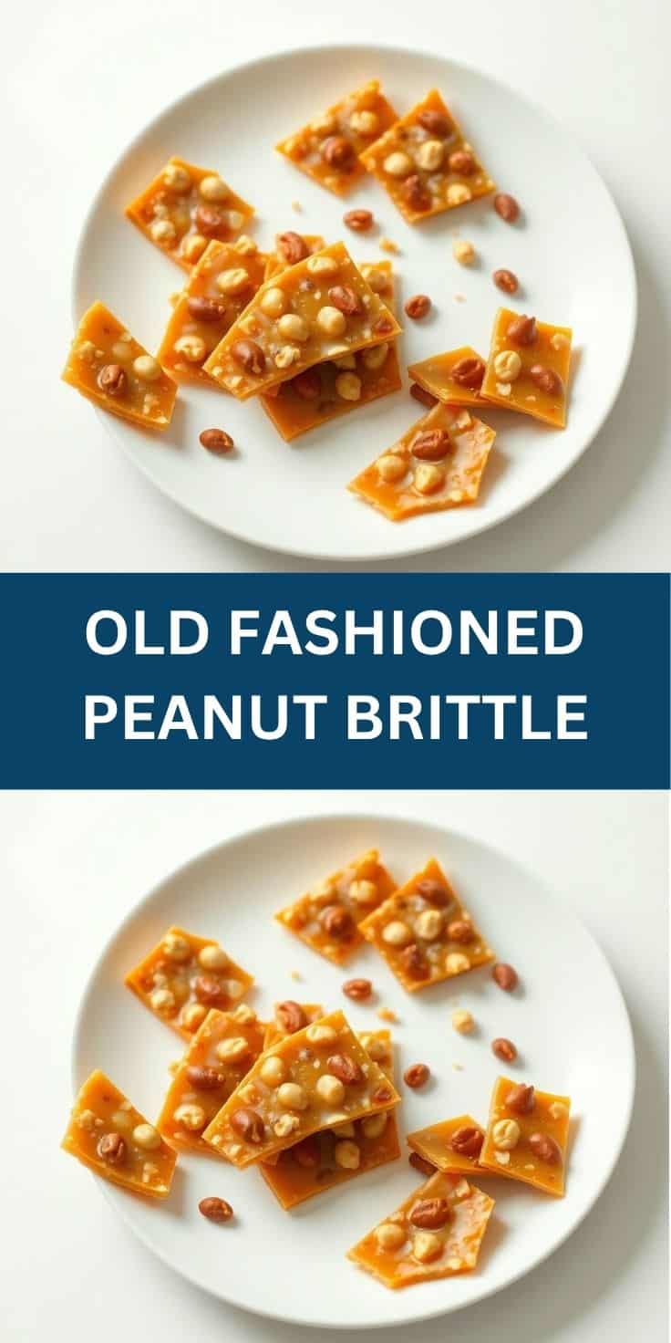 Old fashioned peanut brittle pieces arranged on a white plate with scattered peanuts.