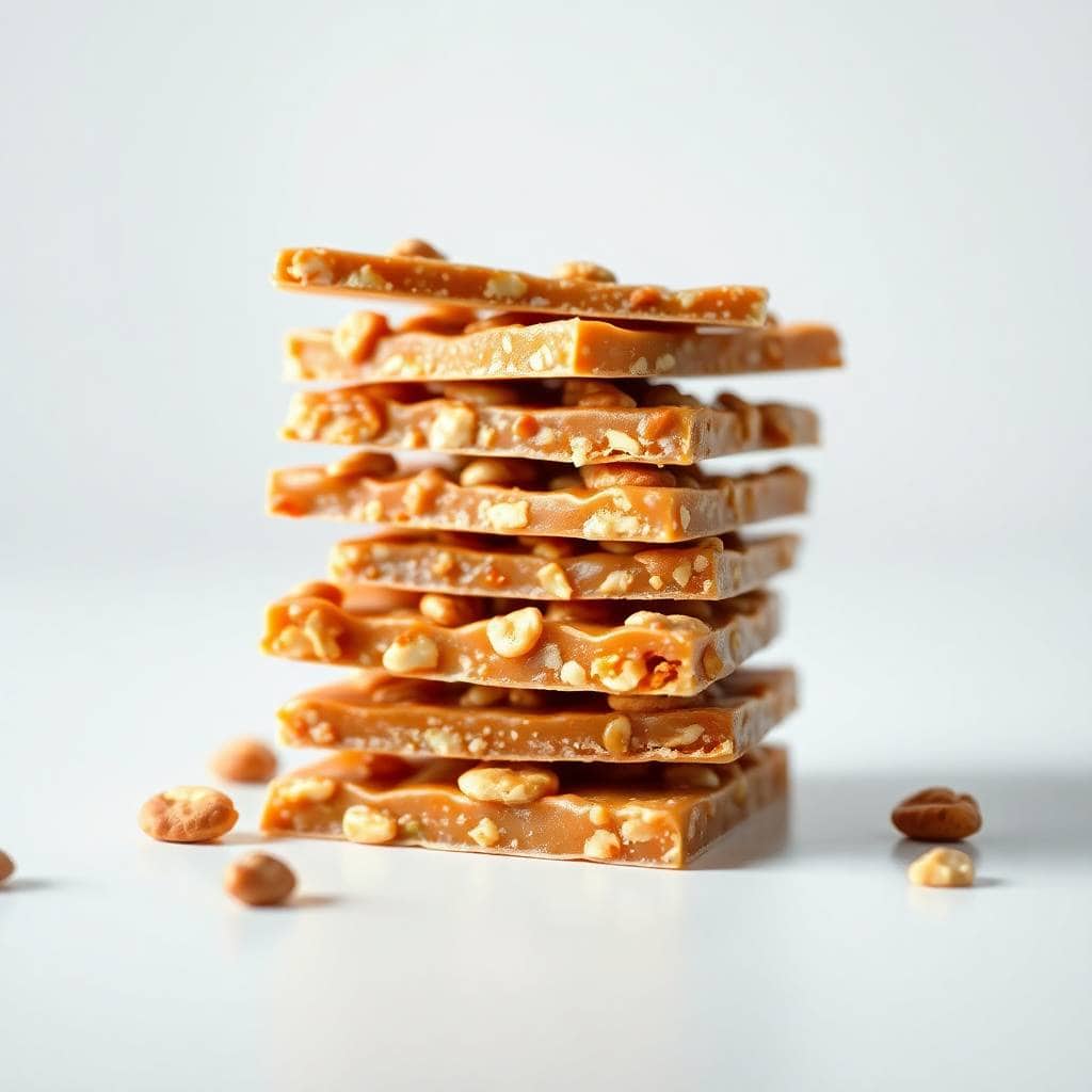 Stacked pieces of golden peanut brittle with scattered peanuts on white surface.