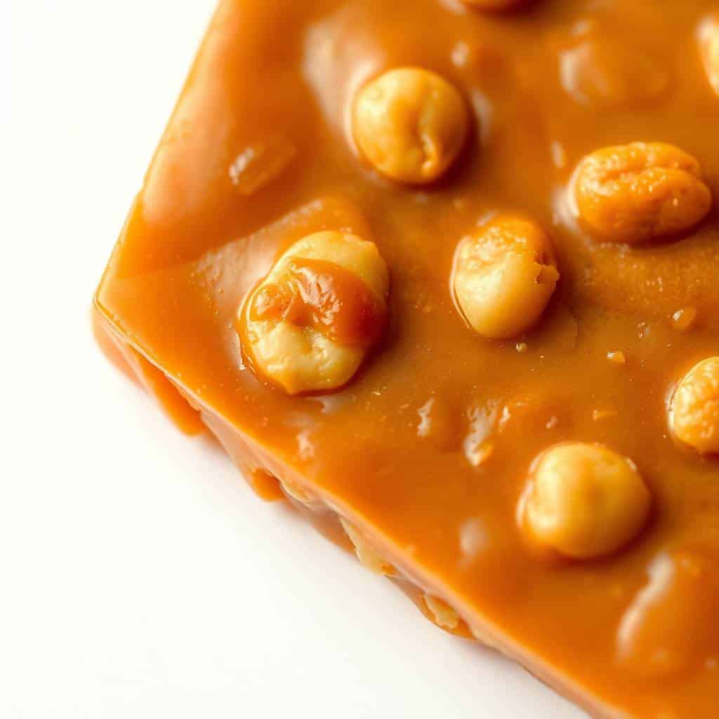 Old fashioned peanut brittle with whole peanuts embedded in glossy golden caramel candy.
