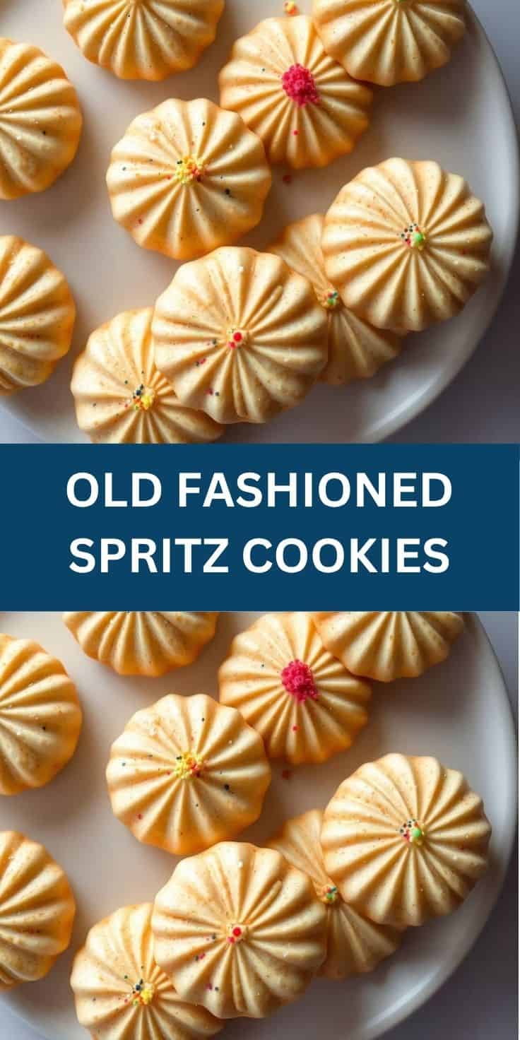 Golden spritz cookies with ridged texture and colorful pearl candy centers arranged on white plate.