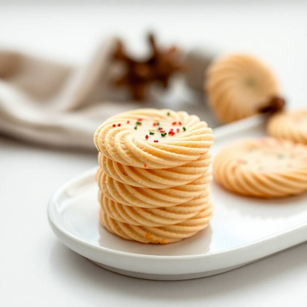 Classic spritz cookies with ridged texture and red-green sprinkles on white plate.