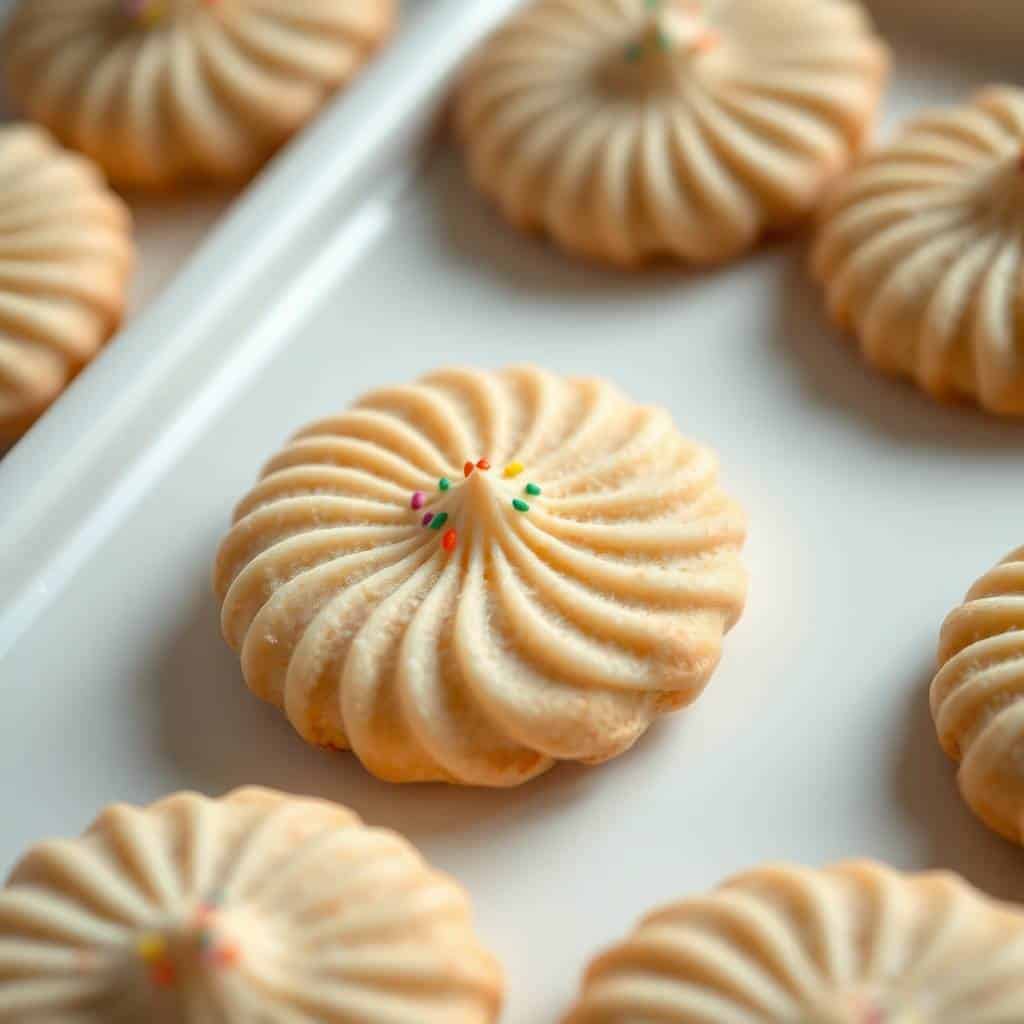 Golden spritz cookies with ridged texture and colorful sprinkles on parchment-lined baking sheet.