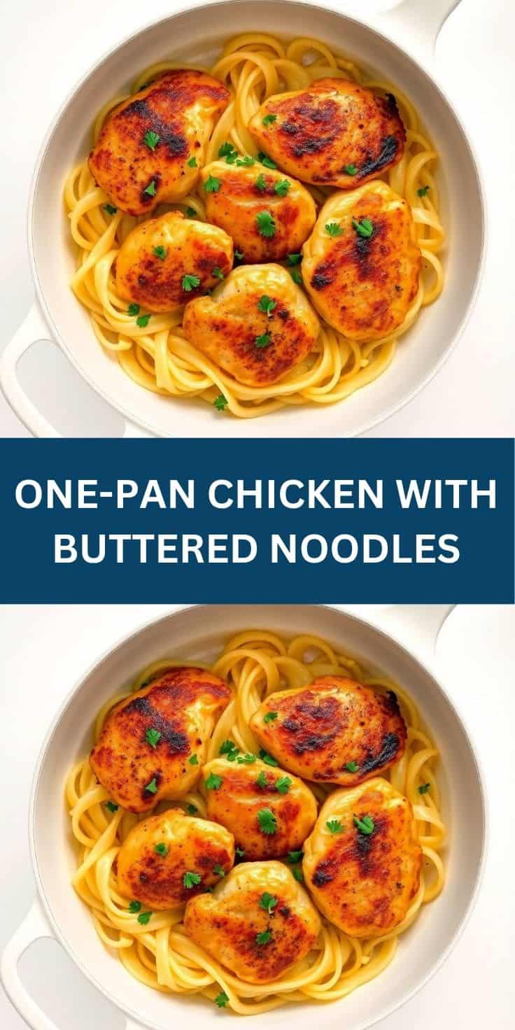 Golden-brown seared chicken thighs served over buttered noodles, garnished with fresh parsley in white bowl.