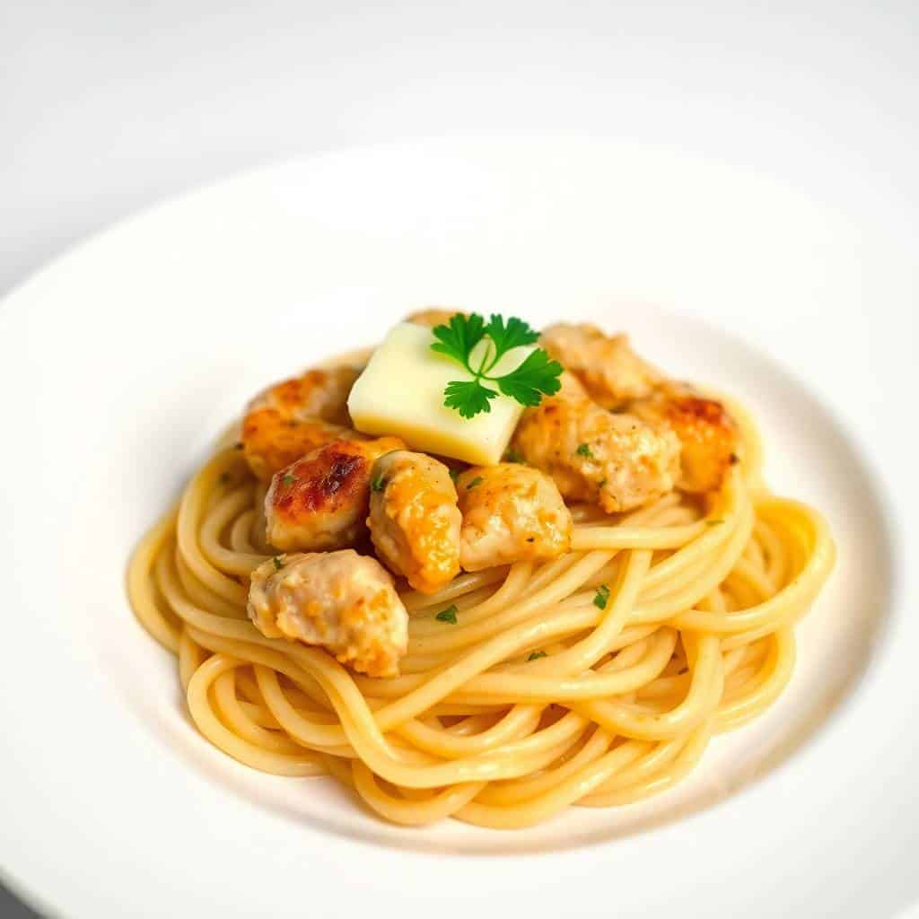 Golden seared chicken atop buttered noodles, garnished with parsley and butter on white plate.