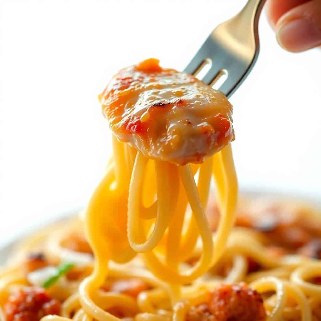 Fork lifting buttered noodles with chicken and tomato sauce from a pan.