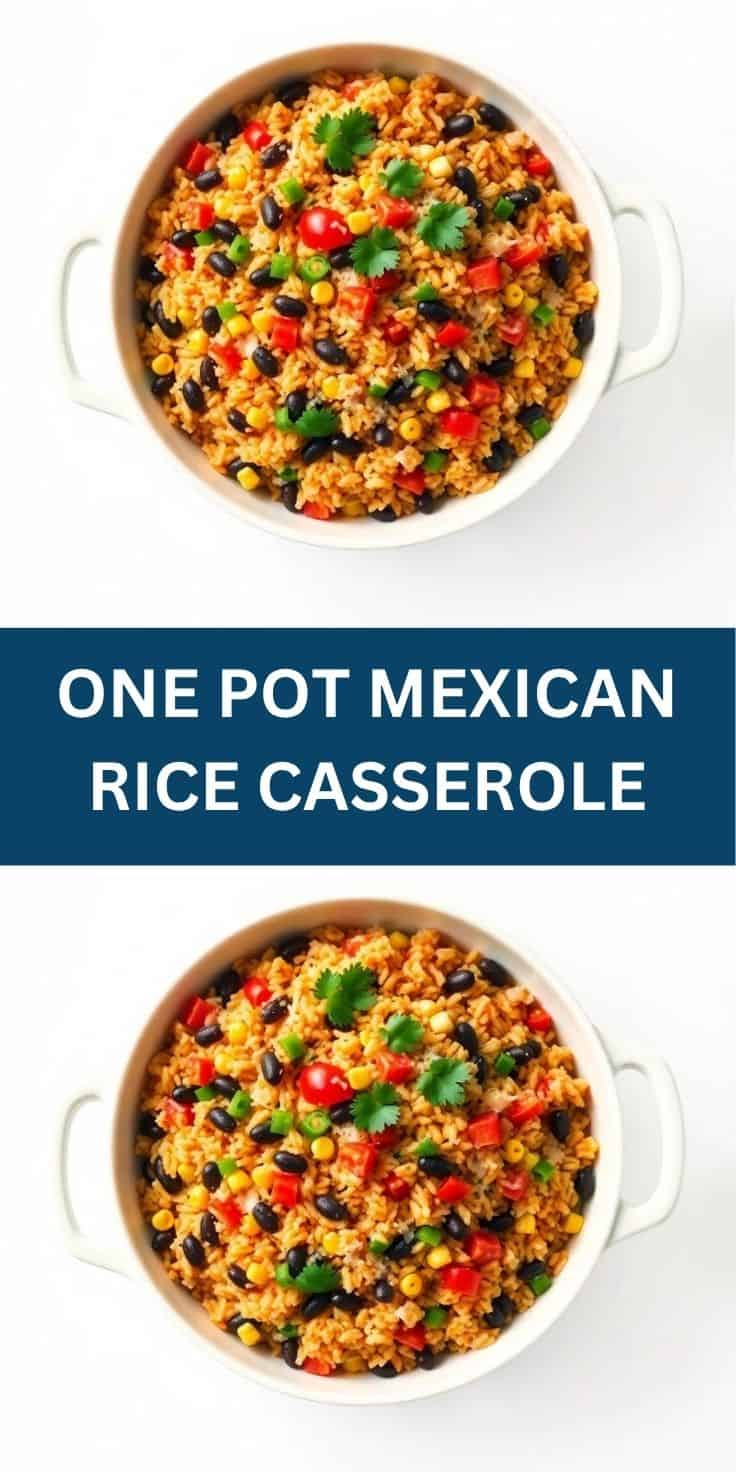 One pot Mexican rice casserole with corn, black beans, red peppers, and cilantro in white dish.