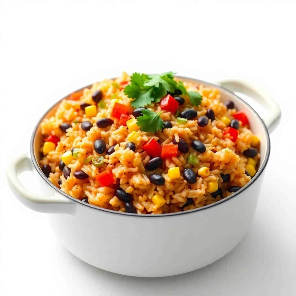 One pot Mexican rice casserole with black beans, corn, red peppers, and cilantro in white serving dish.
