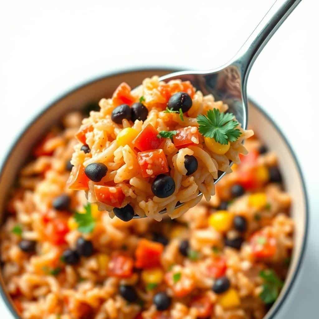 Spoonful of Mexican rice casserole with black beans, red peppers, corn, and cilantro garnish.