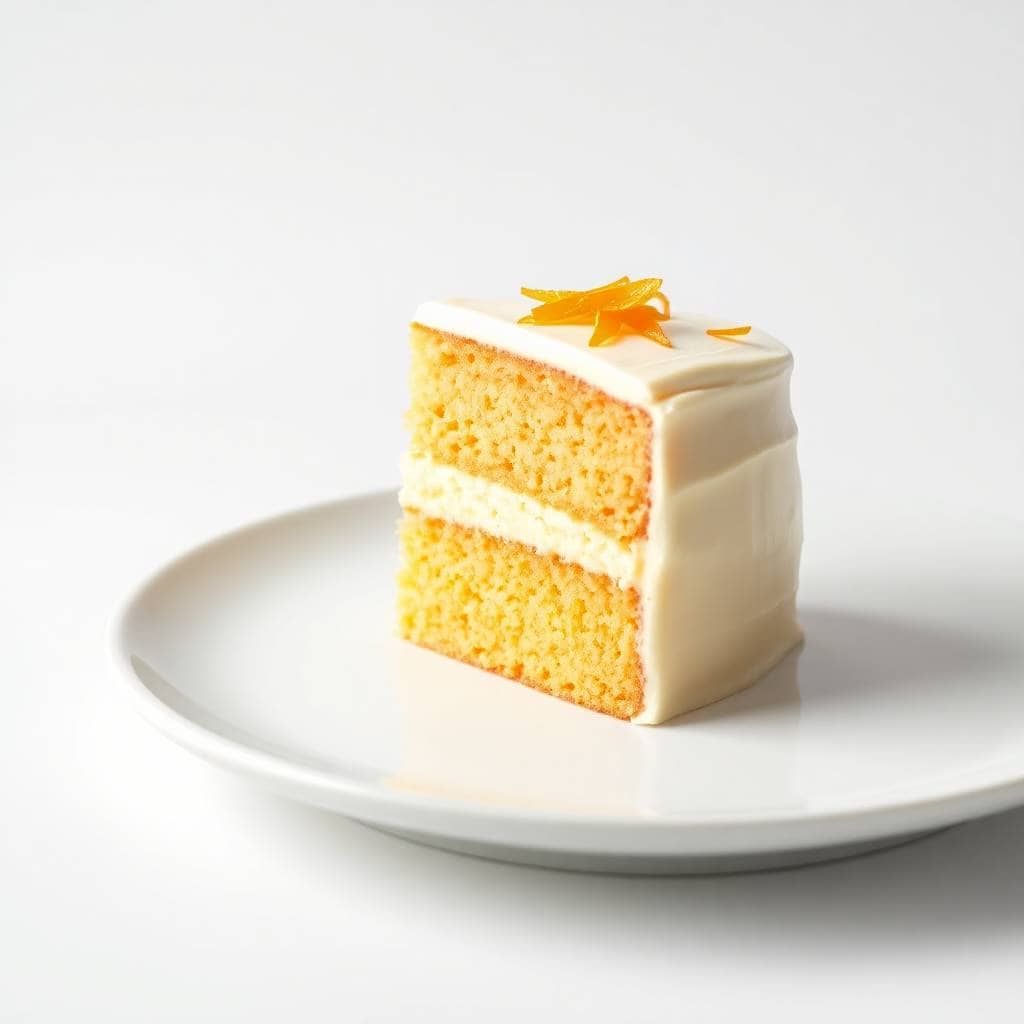 Orange Creamsicle Cake slice with white frosting and candied orange garnish on white plate.