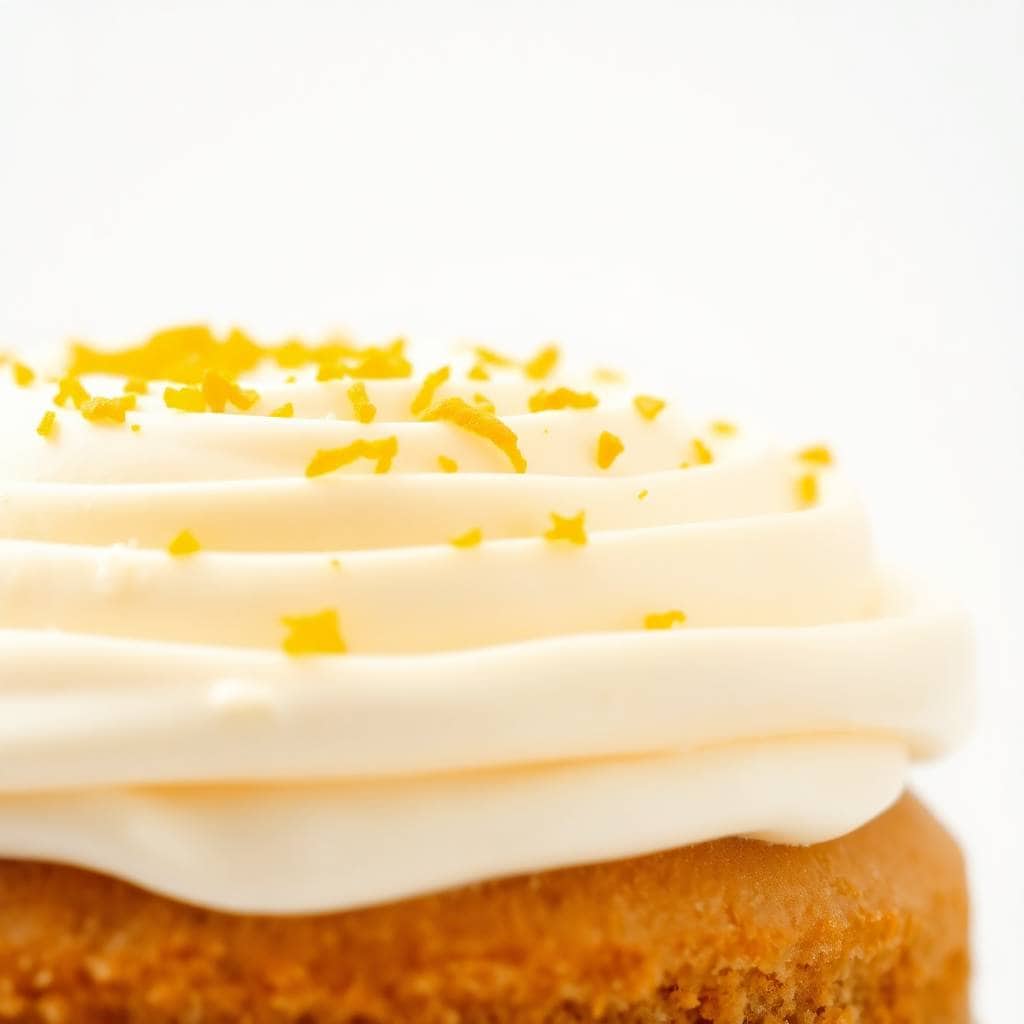 Orange Creamsicle Cake with white frosting and candied yellow zest garnish on golden cake layer.