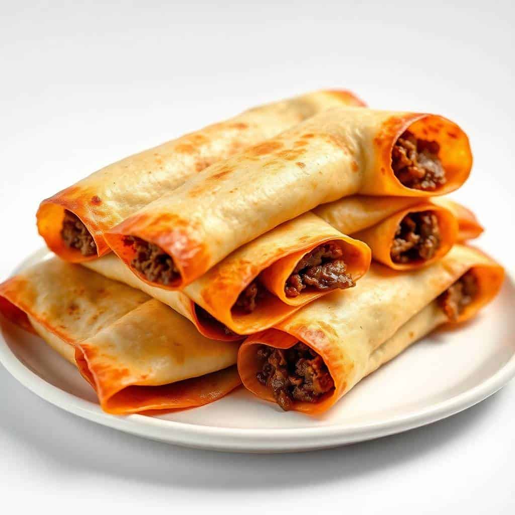 Stacked oven-baked beef taquitos with golden-brown crispy tortillas on a white plate.