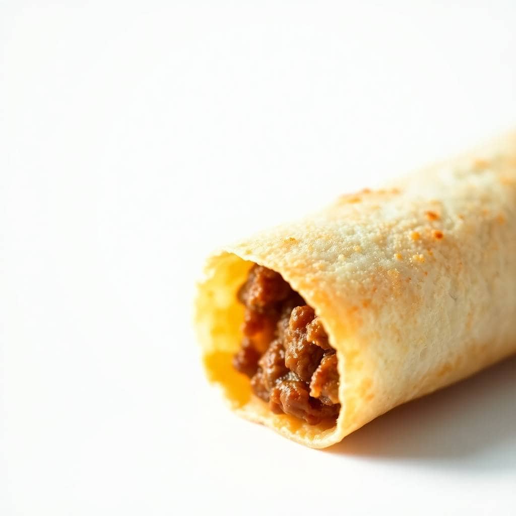 Golden-brown oven baked beef taquito cut in half, revealing seasoned ground beef filling and melted cheese.