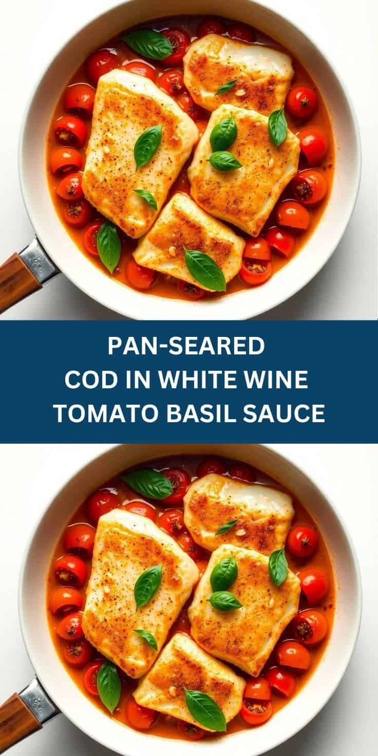 Pan-seared cod fillets topped with basil in vibrant red tomato sauce, served in white pan.
