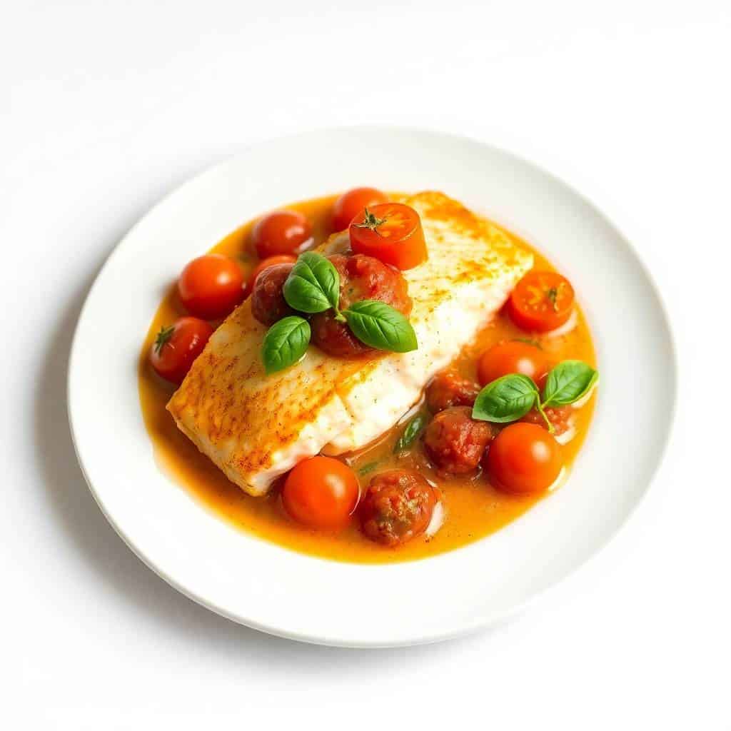 Pan-seared cod fillet with cherry tomatoes and basil in white wine sauce on white plate.