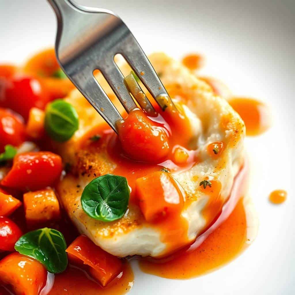 Pan-seared cod topped with diced tomatoes, basil garnish, and orange wine sauce on white plate.
