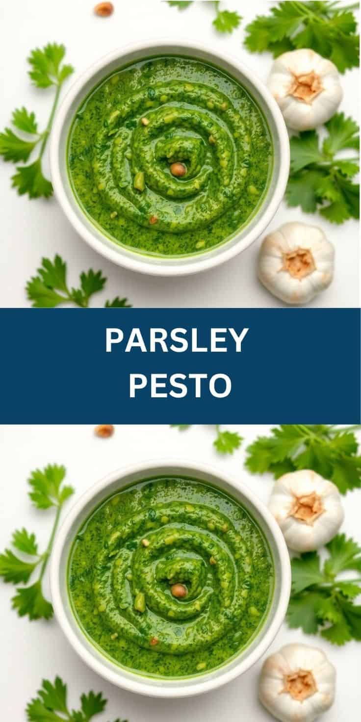 Vibrant green parsley pesto in white bowl surrounded by fresh parsley leaves and garlic cloves.