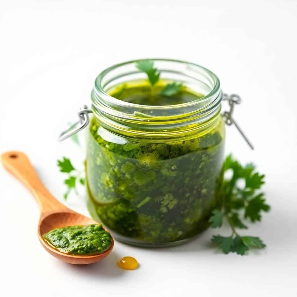 Homemade parsley pesto in a glass jar with wooden spoon and fresh parsley garnish.