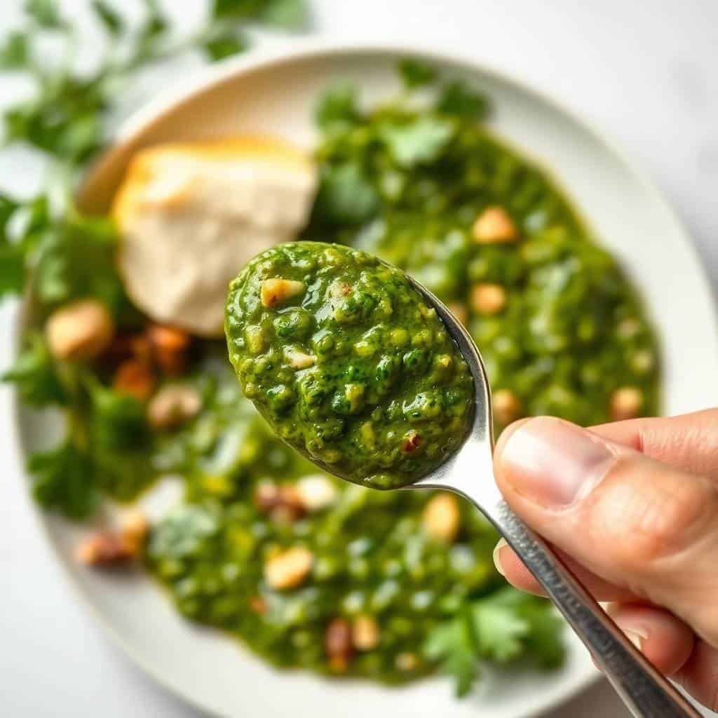 Spoon of vibrant green parsley pesto with chickpeas served on white plate with lemon.