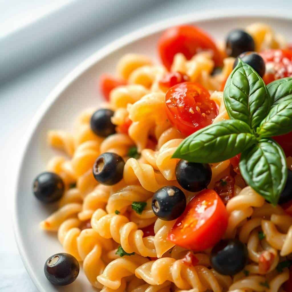 Colorful pasta salad with spiral noodles, red tomatoes, black olives, and fresh basil on white plate.