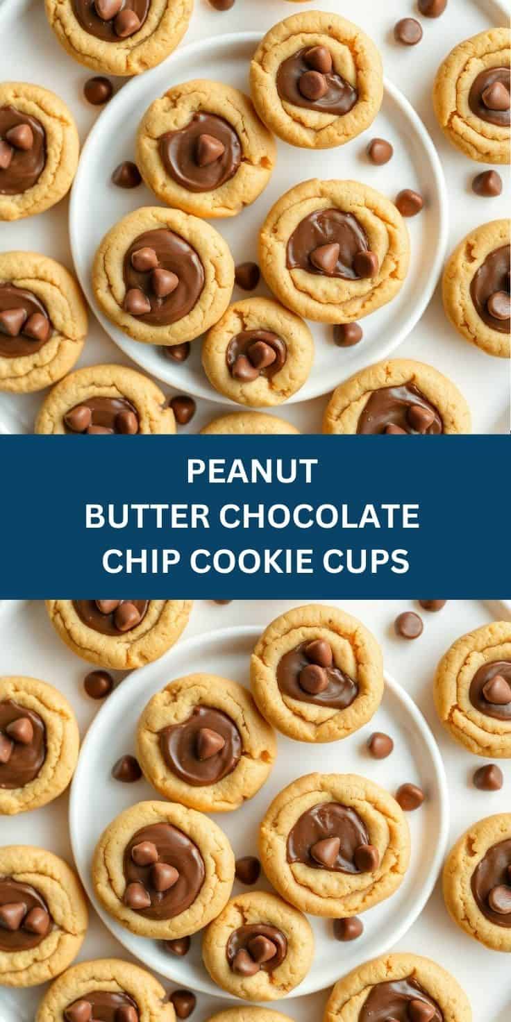 Peanut butter chocolate chip cookie cups arranged on white plates with scattered chocolate chips.