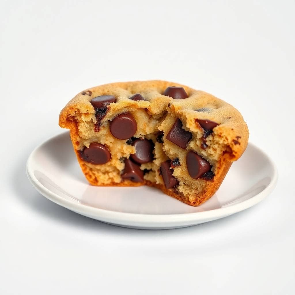 Chocolate chip cookie cup broken in half on white plate, revealing interior texture and melted chips.