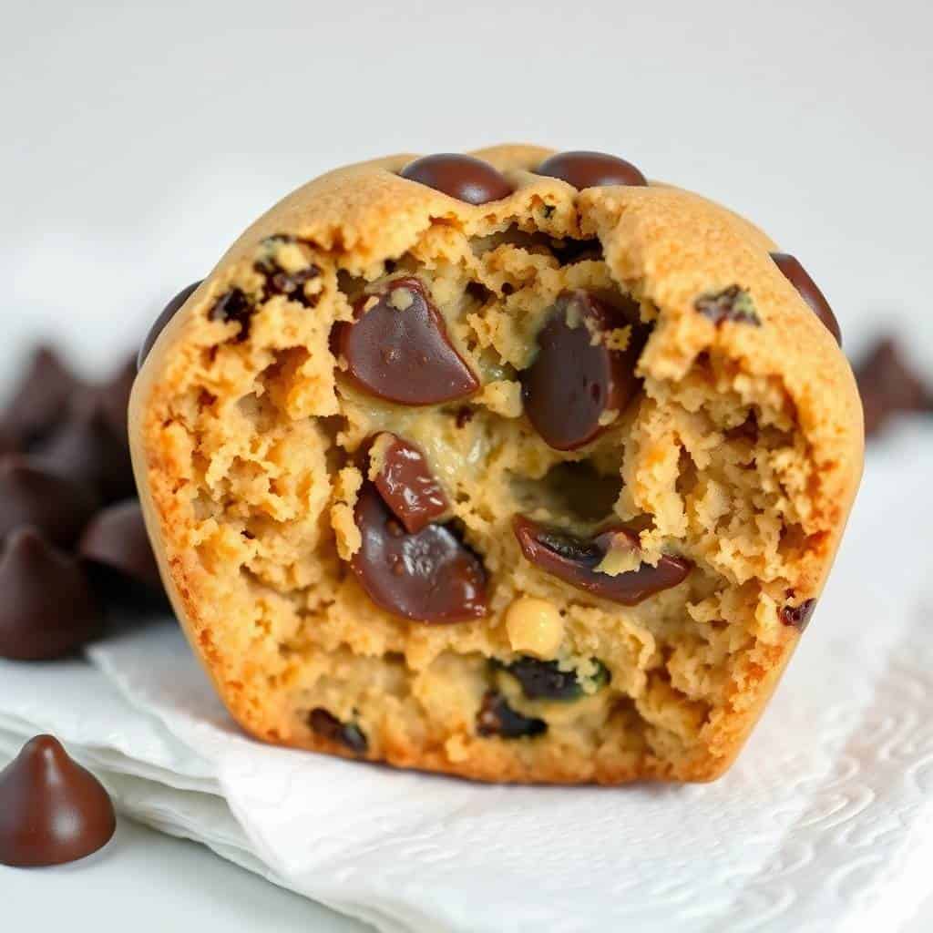 Peanut butter chocolate chip cookie cup broken open on white plate, revealing chocolate chips inside.